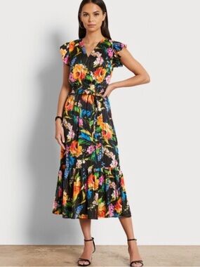 Sam Edelman Belted Black Floral Wrap Maxi Dress with Multicolor Blooms